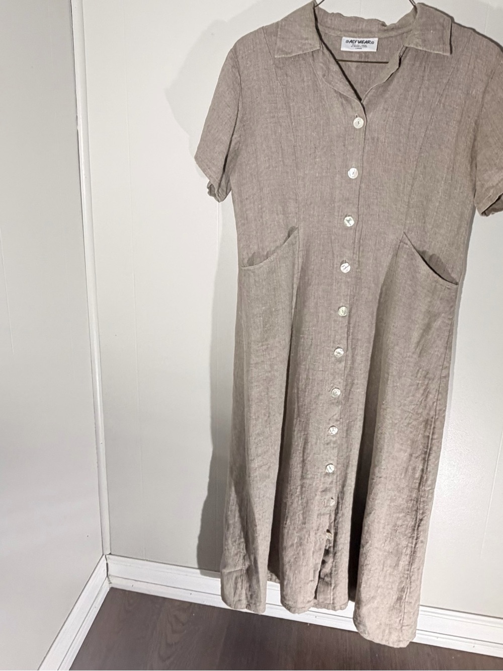 Breathable Taupe Linen-Blend Button-Front Maxi Dress